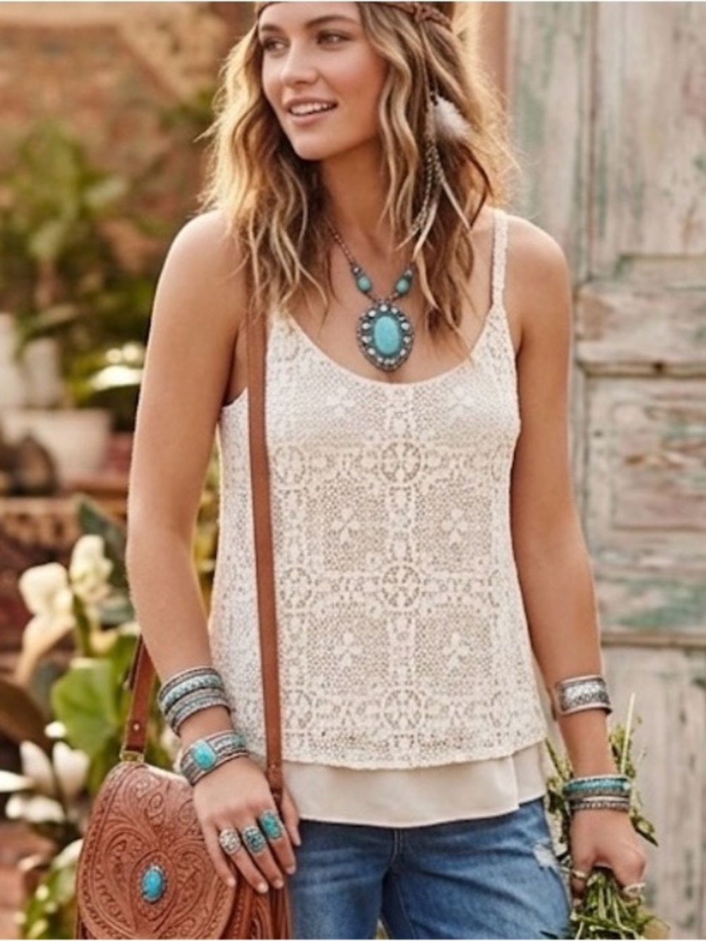 Cabi ivory it girl lace double layer tank xs